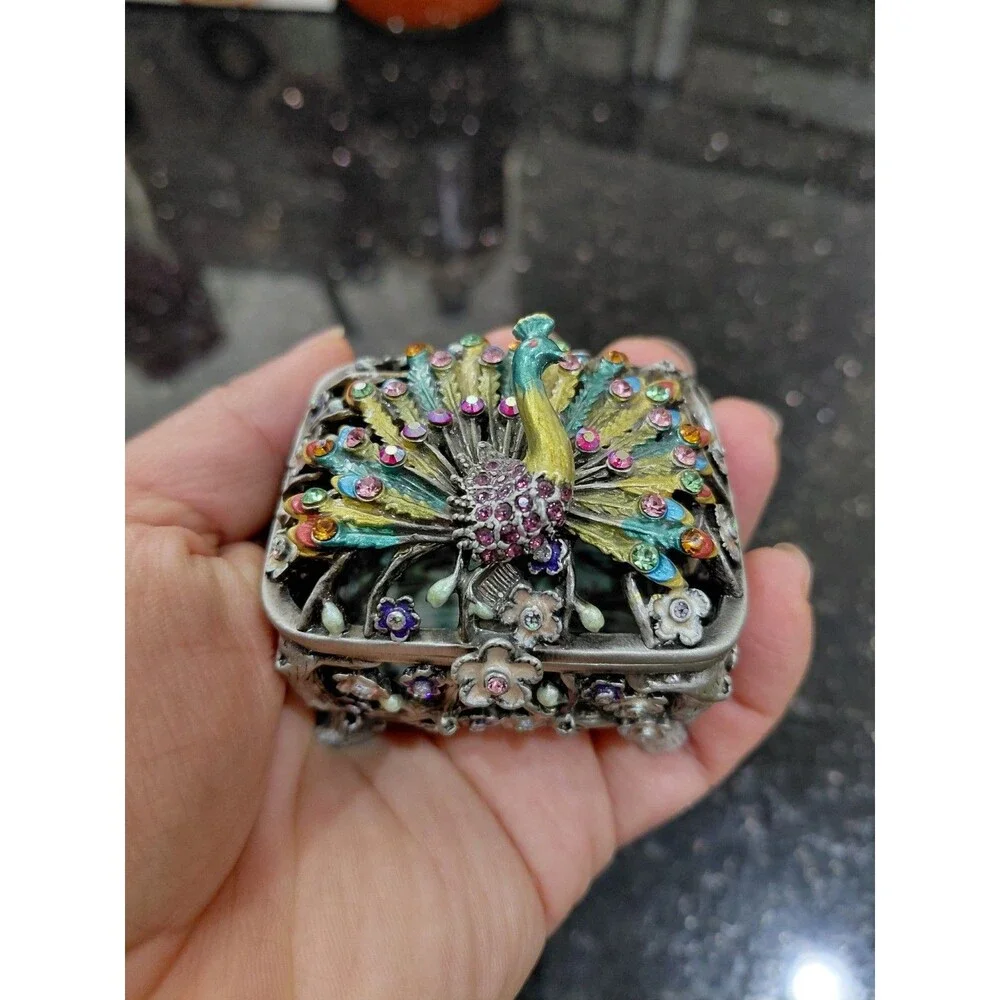 Vtg Enameled Peacock Colorful Rhinestones Trinket Ring Box Flowers